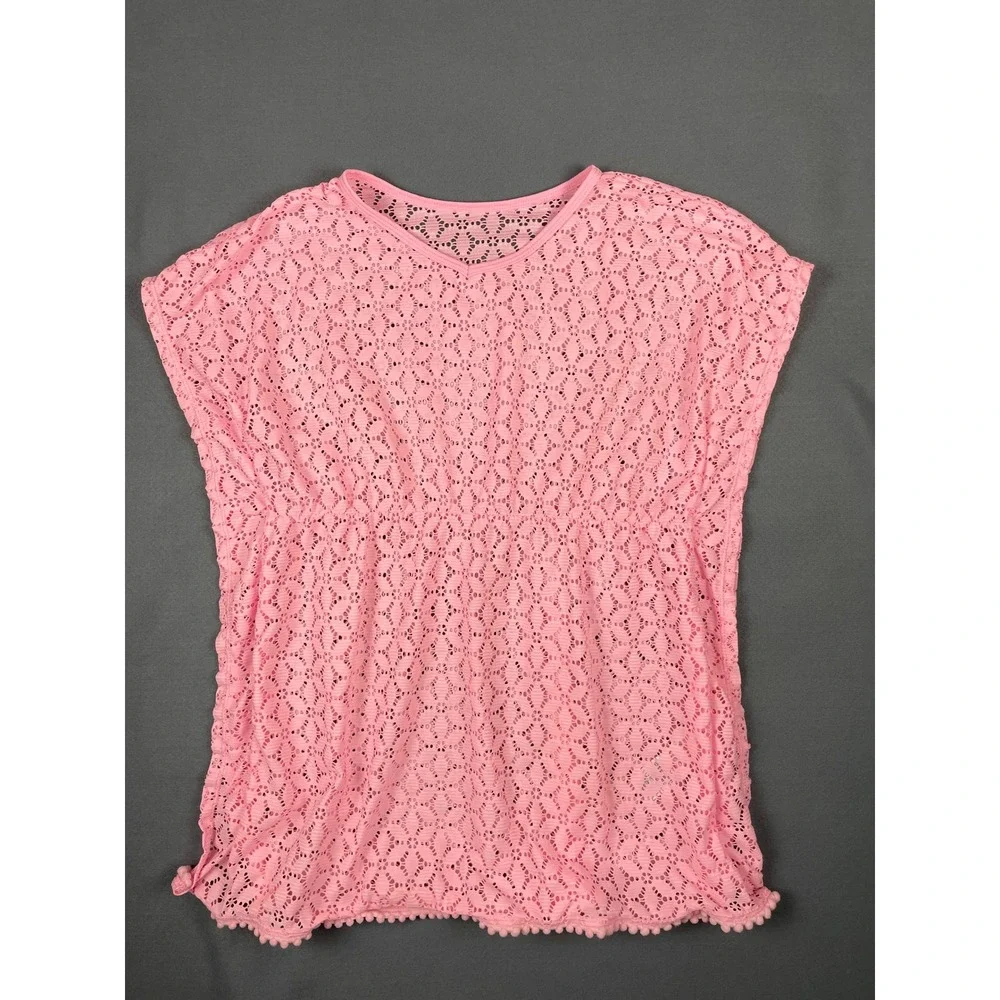 Wonder‎ Nation Pink Crochet Swim Cover Up Tunic Pom Pom Hem Girls XL 14-16